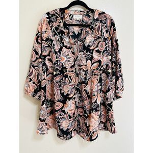 Mellowday Women's BOHO Paisley Design Baby Doll Top with 3/4 Sleeves, Size M